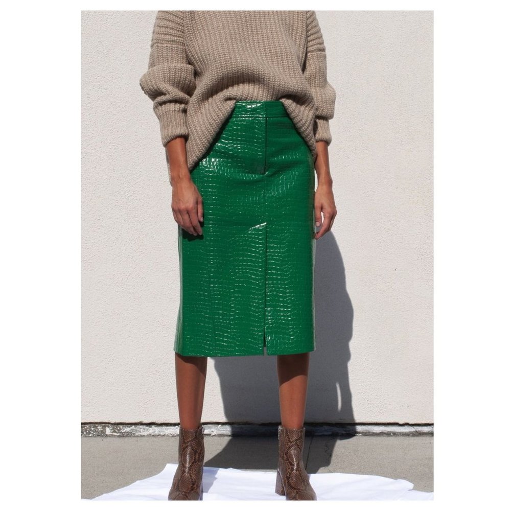 TIBI Croc-effect Faux Patent-leather Midi Skirt In Jade Green